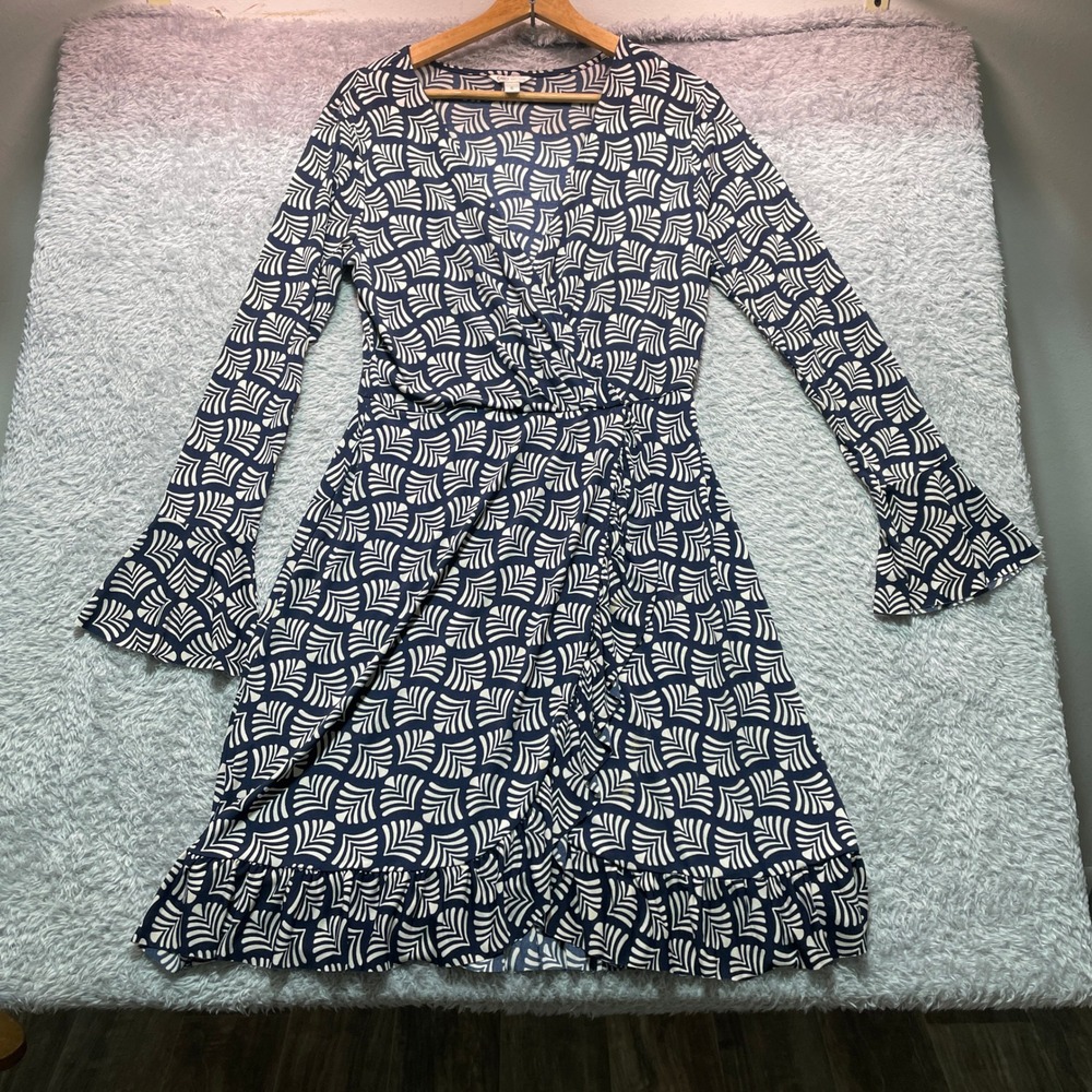 Cato Womens Navy Blue White Geometric Print Faux Wrap Bell Sleeve Dress Small